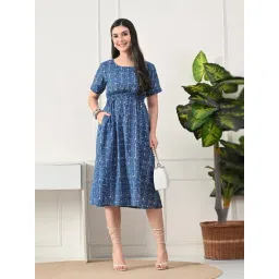 DECKEDUP Indigo Cotton Printed A-Line Dress-picture-28