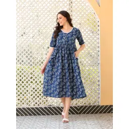 DECKEDUP Indigo Cotton Printed Midi Dress image 1