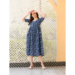 DECKEDUP Indigo Cotton Printed Midi Dress image 4