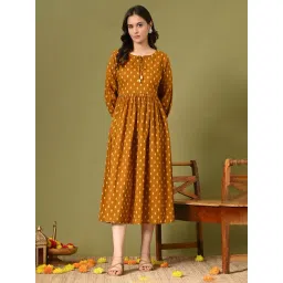 DECKEDUP Mustard Cotton Printed Midi Dress-picture-21