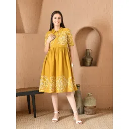 DECKEDUP Mustard Cotton Printed Short Sleeves Dress-picture-14