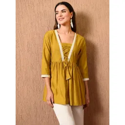 Deckedup Mustard Cotton Silk Relaxed Fit Tunic Tops-picture-10