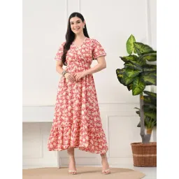 DECKEDUP Peach Cotton Printed A-Line Dress-picture-18