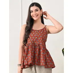 DECKEDUP Women Ethnic Motifs Printed Shoulder Straps Cotton Peplum Top-image-31
