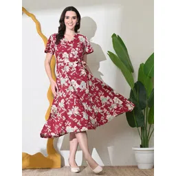 DECKEDUP Women Floral Print V-Neck Cotton Wrap Midi Dress-picture-39