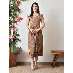 DECKEDUP Women Floral Printed Ruffled Flutter Sleeve Fit & Flare Midi Dress-picture-20