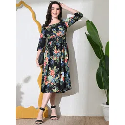 DECKEDUP Women Floral Printed Square Neck Cotton Fit & Flare Midi Dress-picture-15