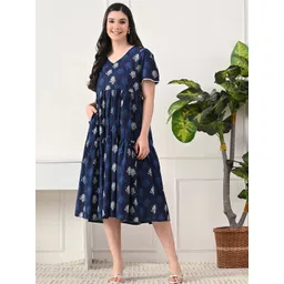 DECKEDUP Women Floral Printed V-Neck Puff Sleeves Cotton Empire Dress-picture-18