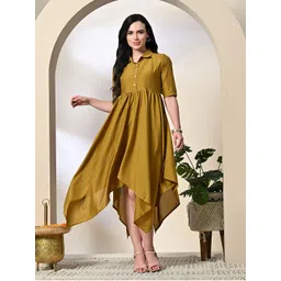 DECKEDUP Women's Shirt Collar Short Sleeves Asymmetric Hemline Shirt Midi Dress-picture-29