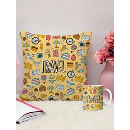 DecorTwist Yellow & Blue 2 Pieces Travel Printed Cushion With Coffee Mug-picture-41