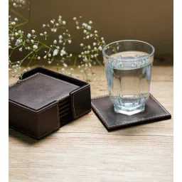 decoworld Brown Genuine Buff Leather (Set of 6 ) Coasters With Stand-picture-33