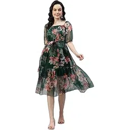 deebaco Floral Print Organza Tiered Flared Dress for Women|Square Neck Style|Puff Half Sleeves|Women's Calf Length Dress for Party & Caual Wear (Black)-picture-12