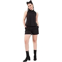 deebaco Solid Cotton Halter Style Shirt with Shorts Co-Ord Set for Women's|Sleeveless Regular Fit Gen Z Aesthetic Summer Vibes Western Party Casual Wear Trendy Cord Set (DBCOV00002131_M_Black)-picture-16