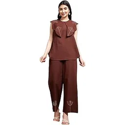 deebaco Solid Embroidered Cotton Top & Pants Co-ord Set for Women's|Sleeveless Round Neck Relaxed Fit Stylish Summer Western Casual Wear Ladies Trendy Cord Set-picture-18