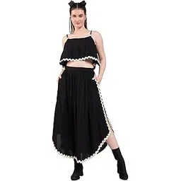 deebaco Solid Rayon Crop Top With Slit Skirt Co-Ord Set For Women's|Boat Neck Sleeveless Fit & Flare Stylish Summer Western Casual Wear Ladies Trendy Cord Set-picture-20