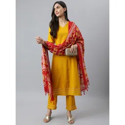 DEEBACO Women Mustard Yellow Kurti with Trousers & With Dupatta-picture-35