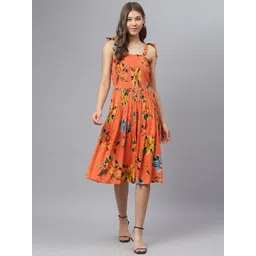 DEEBACO Women Orange & Blue Floral Printed Smocked Flared Dress-picture-18
