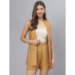 DEEBACO Women Yellow & Green Striped Coat with Shorts-picture-11