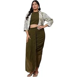 deebaco Women's Embroidered & Floral Georgette Ankle Length Crop Top with Dhoti Skirt & Shrug Co Ord Set for Women Fashion Stylish|Long Dresses for Woman Western(3XL,4XL,5XL,6XL-Olive Green)-picture-20