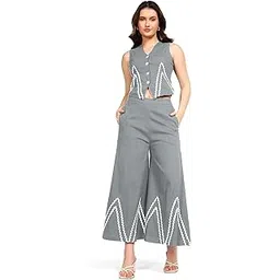 deebaco Women's Solid Lycra Ankle Length Waist Coat with Palazzo|V-Neck|Cord Set for Women Fashion|Long Jumpsuits Western Dress for Women Stylish|Two Piece Co ord Set|Casual Wear(Grey)-picture-19