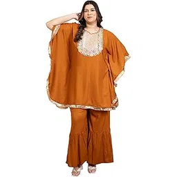 deebaco Women's Solid Rayon Ankle Length Kaftan with Sharara|Short Sleeve|Cord Set for Women Fashion|Long Jumpsuits Western Dress for Women Stylish Two Piece Co ord Set|Casual Wear(Tan)-picture-18