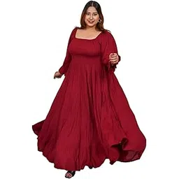 deebaco Women's Solid Rayon Smocking Tiered Plus Size Dress for Women|Square Neck Full Sleeves Fit & Flare Ankle Length Maxi Casual Western Dress for Ladies Party Casual Wear Outfits (Maroon)-picture-10