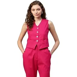 deebaco Women's Solid WaistCoat for Women V Neck Button Closure Sleeveless Waist Coat With Two Pockets Ladies Cord Western Party Casual Wear for Girls & Ladies Nehru Jacket (Magenta)-picture-22