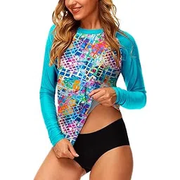 deerose Rash Guard for Women Long Sleeve SPF Uv Protective Swim Tops Floral Printed Color Block Rashguard Swimwear Aqua Multicolored S-picture-50