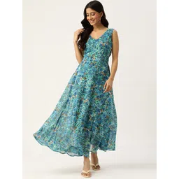 Deewa Sea Green & Navy Blue Floral Georgette Maxi Dress-picture-27