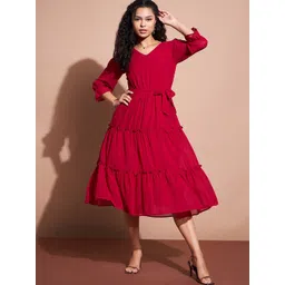 Deewa V-Neck Puff Sleeve Tiered Georgette Fit & Flare Midi Dress-picture-28