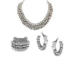 DEGHLAM Silver Plated Artificial Beads Studded Necklace With Earrings & Bracelet-picture-18
