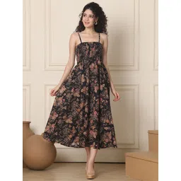 DEKLOOK Women Floral Printed Smocked Shoulder Straps Fit and Flare Midi Dress-picture-30
