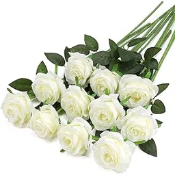 Dekorly Artificial Fake Roses Flowers - 10 Pcs Fake Artificial Roses Silk Flowers with Stems for Home Room Tabletop Wedding Hotel Office Centerpiece Decor | Height 18 Inch (White)-image-17