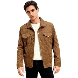 del roskosh Men's Suede Faux Leather Casual Standard Length Jacket Brown-picture-35