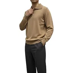 delan Men Camel Collared Knit Sweater | Long Sleeve Soft Texture Casual Pullover Top-picture-33