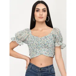 DELIS Women Floral Printed Puff Sleeve Georgette Crop Top-picture-35