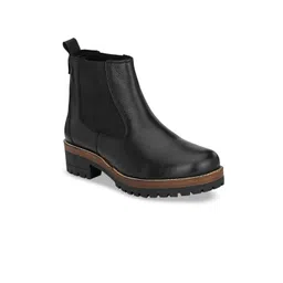 Delize Women Black Solid Leather Mid-Top Flat Boots-picture-12