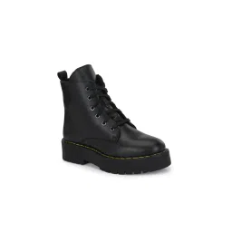 Delize Women's Black Solid Derby Boots With Yellow Stitching Detail-picture-15