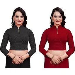 deltin hub Readymade Blouse for Women | Cotton Stretchable Blouse with Front Zip | Full Sleeve Dobby Crush Saree Top | Designer Comfortable Crop Choli | Stylish New Model Regular Fit-picture-40