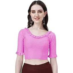 deltin hub Readymade Dobby Frill Blouse for Women | Stretchable Cotton Lycra Half Sleeve Blouse | Stylish Designer Blouse for Saree | Comfortable Blouse | Sizes from S to 5XL-picture-20