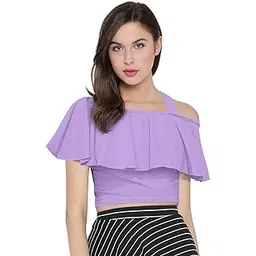 Women's One Shoulder Ruffle Crop Top | Cotton Blend Stylish Off Shoulder Top for Girls & Women | Trendy Slim Fit Casual Wear Crop Top-image-46