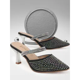 Denill Women Black Pointed Toe Rhinestone Embellished Kitten Heel Mules-picture-17