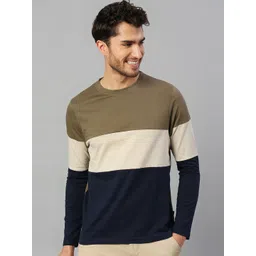 Dennis Lingo Men Olive Green & Beige Colourblocked Pure Cotton T-shirt-picture-40