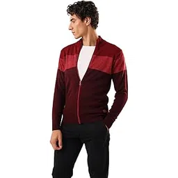 dennis lingo Men's Colourblocked Mock Collar Front-Open Sweater Maroon-picture-42