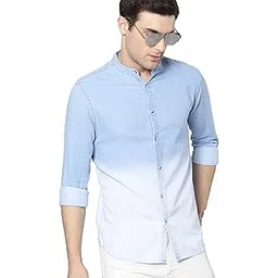 dennis lingo Men's Cotton Full Sleeves Cotton Denim Solid Casual Shirt with Mandarin Collar (Light Blue, XL)-picture-24