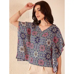DENNISON Ethnic Motif Printed Batwing Sleeve Ethnic Crepe Kaftan Top-picture-29