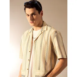 DENNISON Men Comfort Oversized Fit Cuban Collar Vertical Striped Cotton Casual Shirt-picture-14