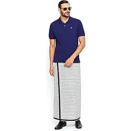 desi fusions Handmade Pure Cotton White and black checks Lungi/Kaily with Black Border for Men-picture-28