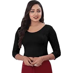 desi girl Round Neck Cotton Lycra Regular Fit Saree Blouse for Women | 3/4 Net Sleeve Readymade Stretchy Plain Design Festive Blouse Perfect for Saree, Lehenga, Kurti | 32 to 44-picture-47