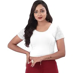 desi girl Round Neck Cotton Lycra Regular Fit Saree Blouse for Women | Half Net Sleeve Readymade Stretchy Embroidered Design Festive Blouse Perfect for Saree, Lehenga, Kurti | 32 to 44-picture-19